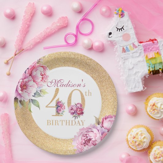 Assiettes En Carton Luxe Custom 40e anniversaire Peonies Parties scint (Fête)