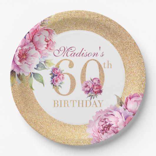 Assiettes En Carton Luxe Custom 60e anniversaire Peonies Parties scint (Devant)