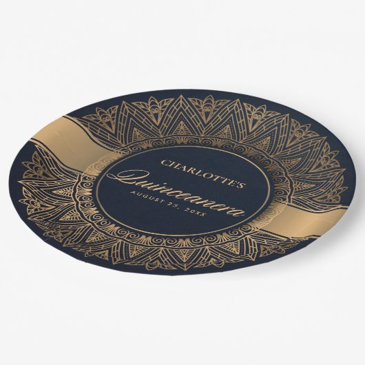 ASSIETTES EN CARTON LUXE MARINE GOLD CLASSIQUE ORNATE MANDALA QUINCEAN (Angle)