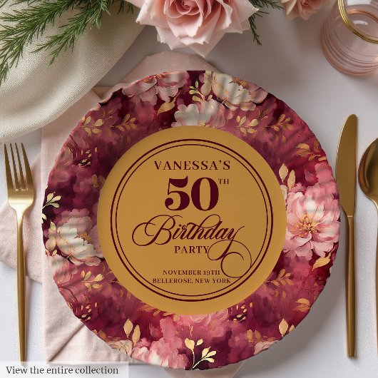 Assiettes En Carton Luxe Marsala Blush Gold Floral 50e anniversaire
