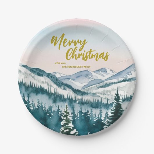 Assiettes En Carton Luxe Merry xmas arbres forêt Gold script Holiday (Devant)