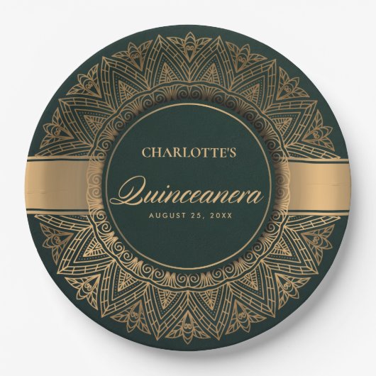 ASSIETTES EN CARTON LUXE OR VERT CLASSIQUE ORNATE MANDALA QUINCEANERA (Devant)