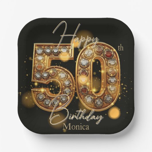 Assiettes En Carton Luxueux Black and Gold Gemstone 50e anniversaire (Recto)