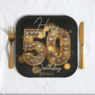 Assiettes En Carton Luxueux Black and Gold Gemstone 50e anniversaire