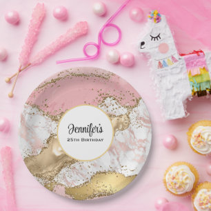 Assiettes En Carton Luxueux design en marbre rose or rose pour anniver