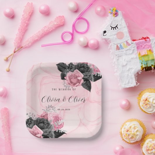 Assiettes En Carton Luxueux Mariage d'encre rose et noire (Fête)