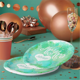 Assiettes En Carton M. et Mme Blue Green Watercolor Style