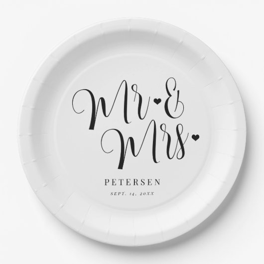 Assiettes En Carton M. et Mme élégante écriture simple mariage (Devant)