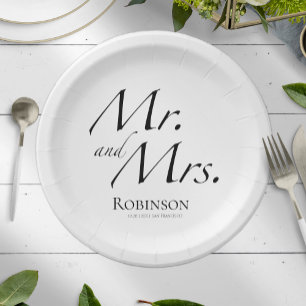 Assiettes En Carton M. et Mme Script modernes   Mariage noir et blanc