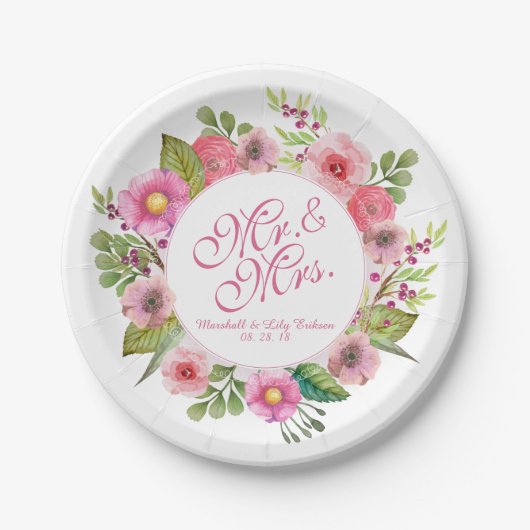 Assiettes En Carton M. & Mme Elegant Floral Mariage | Plaque de papier (Devant)