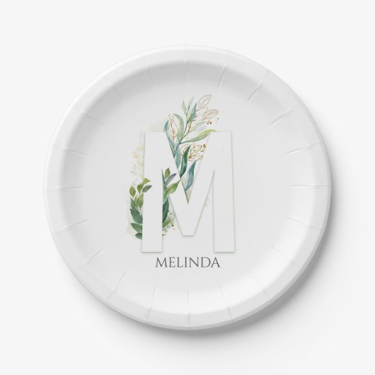 Assiettes En Carton M Monogramme Feuilles de verdure Or Elégant Nom (Devant)