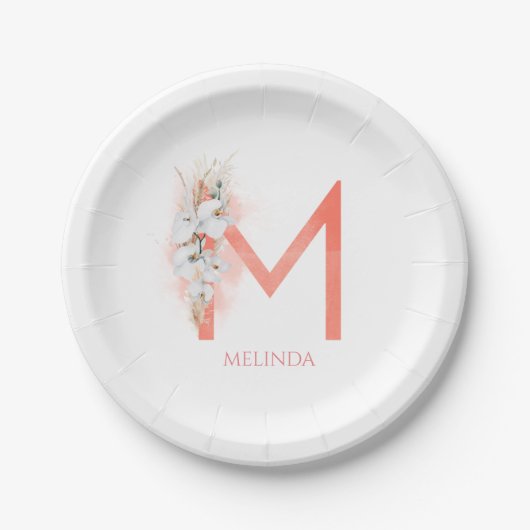 Assiettes En Carton M Monogramme Nom Pampas Grass Orchidées blanches (Devant)