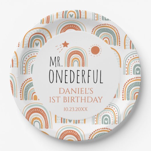 Assiettes En Carton M. Onederful Boho Arc-en-ciel Premier anniversaire (Devant)