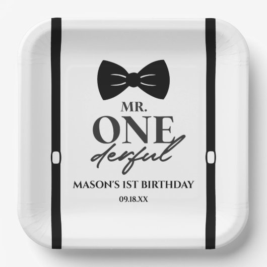 Assiettes En Carton M. ONEderful Bowtie Première fête d'anniversaire (Recto)