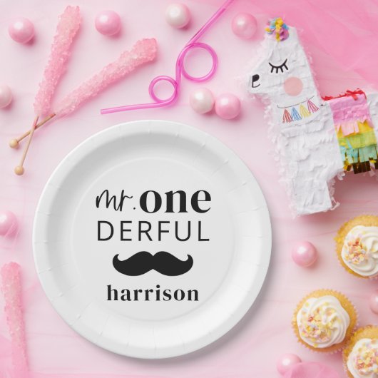 Assiettes En Carton M. Onederful Name avec Moustache (Fête)
