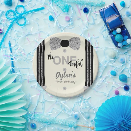 Assiettes En Carton M. Onederful noir et argent arc cravate (Fête)