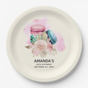 Assiettes En Carton Macarons et fleurs colorés Aquarelle Anniversaire