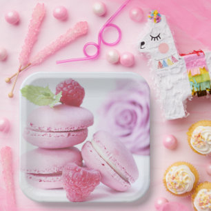 Assiettes En Carton Macarons framboises roses Pâtisserie française Pho