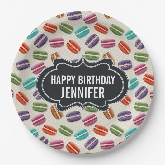 Assiettes En Carton Macarons Motifs parisiens colorés Anniversaire (Devant)