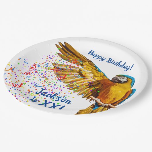 Assiettes En Carton Macaw bleu et jaune lance Confetti      (Angle)
