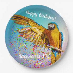 Assiettes En Carton Macaw bleu et jaune lance       ConfettiPapier Pla
