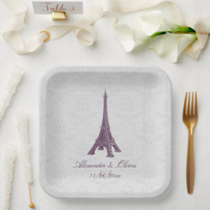 Assiettes En Carton Magenta Eiffel Tour Mariage damassé Douche