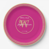 Assiettes En Carton Magenta moderne + Monogramme Or Mariage chic (Devant)