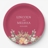 Assiettes En Carton Magenta, Pêche et Mariage floral blanc (Devant)