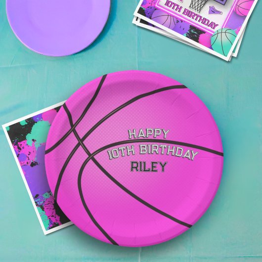 Assiettes En Carton Magenta Pink Basketball Joyeux Anniversaire Nom