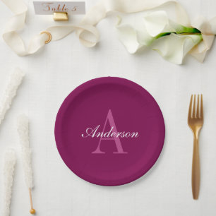 Assiettes En Carton Magenta Rouge Élégant, Rose & Blanc Nom & Monogram