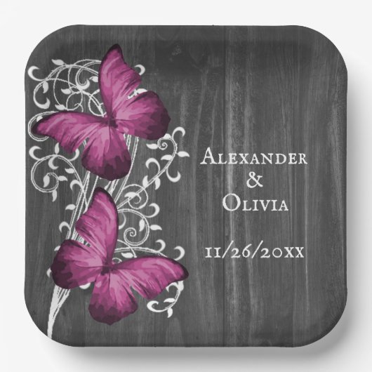 Assiettes En Carton Magenta Rustic Butterfly Mariage (Recto)