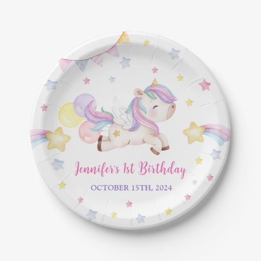 Assiettes En Carton Magic Rainbow Unicorn 1er anniversaire (Devant)