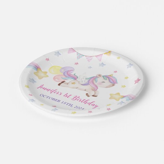 Assiettes En Carton Magic Rainbow Unicorn 1er anniversaire (Angle)