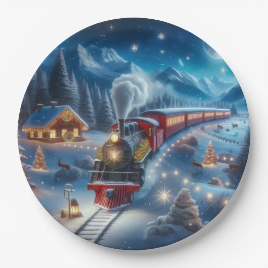 Assiettes En Carton Magical Snowy Christmas Train Winter Scene (Devant)