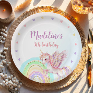 Assiettes En Carton Magique Rainbow Unicorn rose or fête d'anniversair