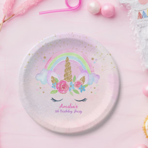 Assiettes En Carton Magique Unicorn Rainbow rose Anniversaire