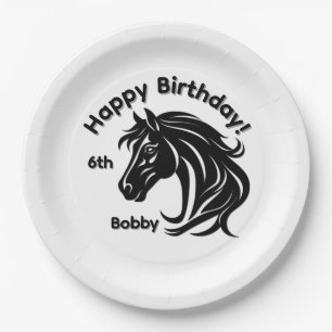 Assiettes En Carton Magnifique tête de cheval noir Nom d'anniversaire 