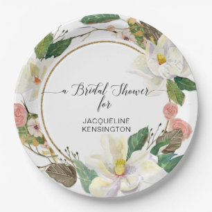 Assiettes En Carton Magnolia Blanc Or Rose Feuilles Florales Aquarelle