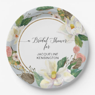 Assiettes En Carton Magnolia blanc poussiéreux feuille de floral aquar