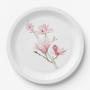 Assiettes En Carton Magnolias rose et Plaques en papier vert