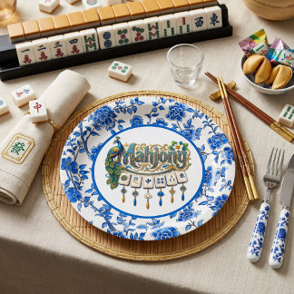 Assiettes En Carton Mahjong bleu en chinoiserie