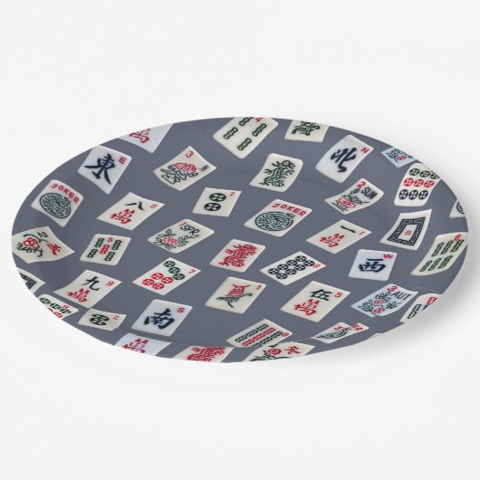 Assiettes En Carton MahJongg mosaïques design sur bleu foncé (Angle)