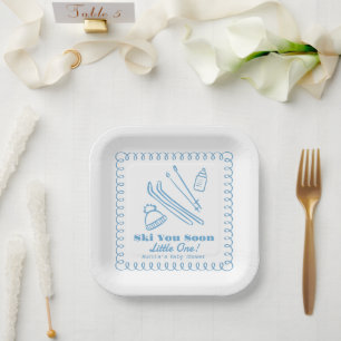 Assiettes En Carton Main Bleue Dessinée à la Main Ski Vous Bientôt Gar