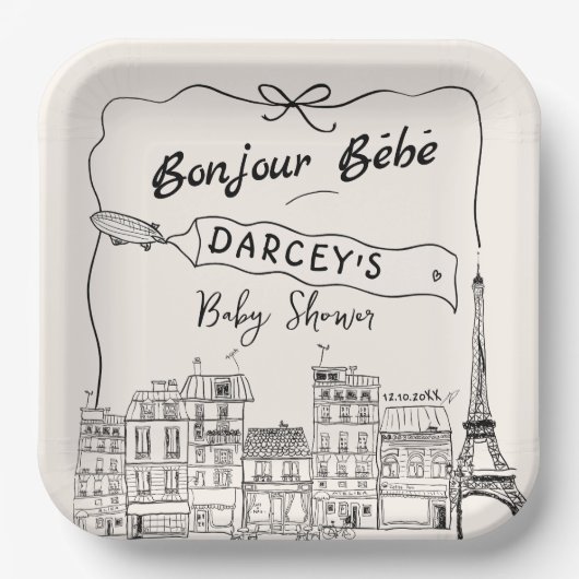 Assiettes En Carton Main Drawn Bonjour Bebe Baby shower français (Recto)