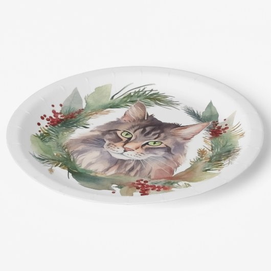 Assiettes En Carton Maine Coon Chat Noël Wreath Festive Kitten (Angle)
