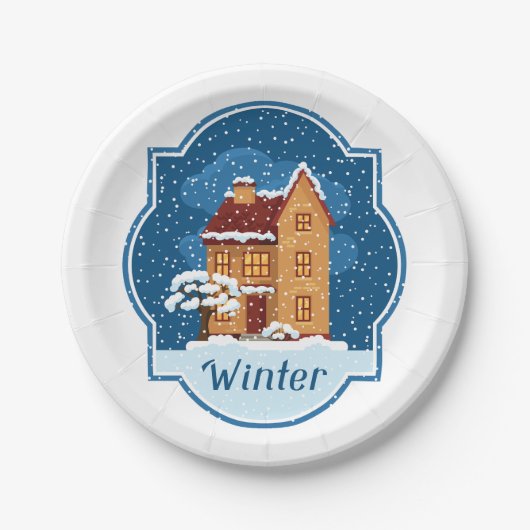 Assiettes En Carton Maison D'Hiver Dans La Neige (Devant)