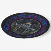 Assiettes En Carton Maison Halloween bleu violet hantée (Angle)