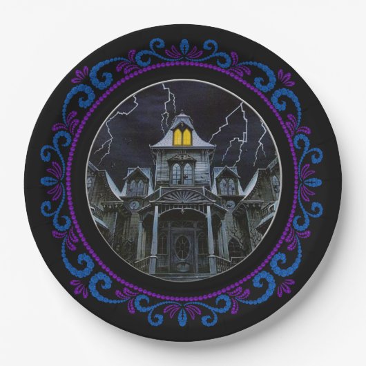 Assiettes En Carton Maison Halloween bleu violet hantée (Devant)