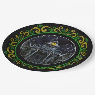 Assiettes En Carton Maison hantée Halloween jaune vert