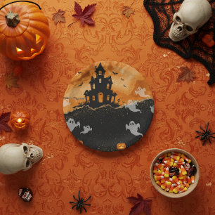 Assiettes En Carton Maison Hantée Halloween Orange Paillettes Dorées